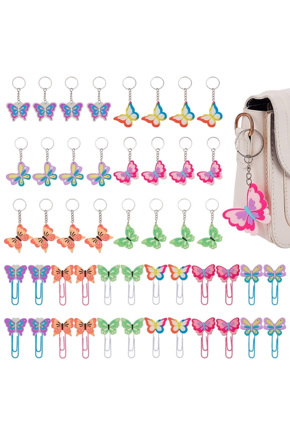 24Pcs Butterfly PVC Pendant Keychains with 24Pcs PVC Paper Clip Mixed Color 93mm