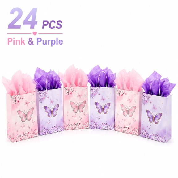 24Pcs Butterfly Party Favor Bags with Tissue Paper, Watercolor Floral Gift Bags with Handles in Pink and Purple, Candy Treat Bags for Birthday, Baby Shower, Wedding and Celebration Party Supplies