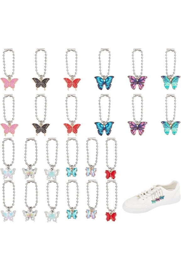 24Pcs Butterfly Shoelace Charms 12Styles Alloy Shoes Decoration Charms Shoe Clips with Iron Ball Chains Boots Charm Pendant