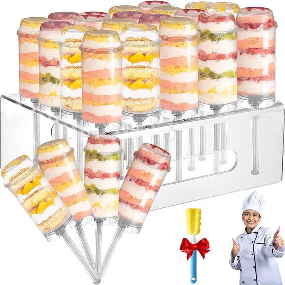 24Pcs Cake Push Pop Containers with Lids & Stand, Cake Pop Mold, Reusable Empty Homemade Jelly Ice Cream Cupcake Mold Set with 20 Holes Stand for Birthday, Party, DIY Baking