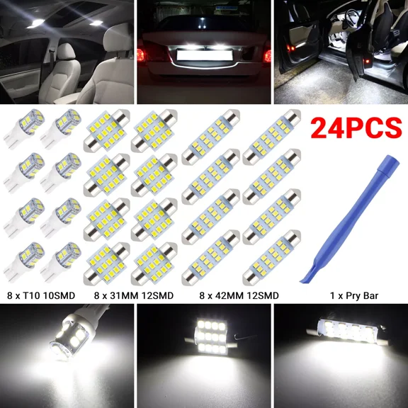 24Pcs Car Interior Combo Led Map Dome Door Trunk License Plate Light Bulbs White