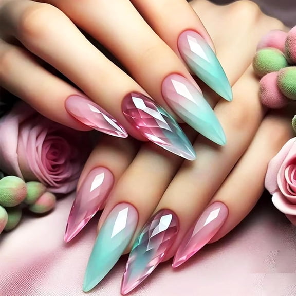 24Pcs Press on Nails with Marble Design, French Tips Manicure Art Acrylic Medium Almond Fake Nails Stick on Nails Glossy Purple Cat Eye Full Cover False Nails Gel Glue on Nails for Women Girls