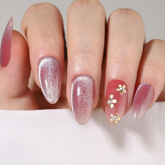 24Pcs Cat Eye Press on Nails Medium Almond Fake Nails with Design Gradient Red Stick on Nails Shiny Bling Glue on Nails Gold Flower False Nails Ombre Acrylic Nails for Women Girls Manicure Almond A 2