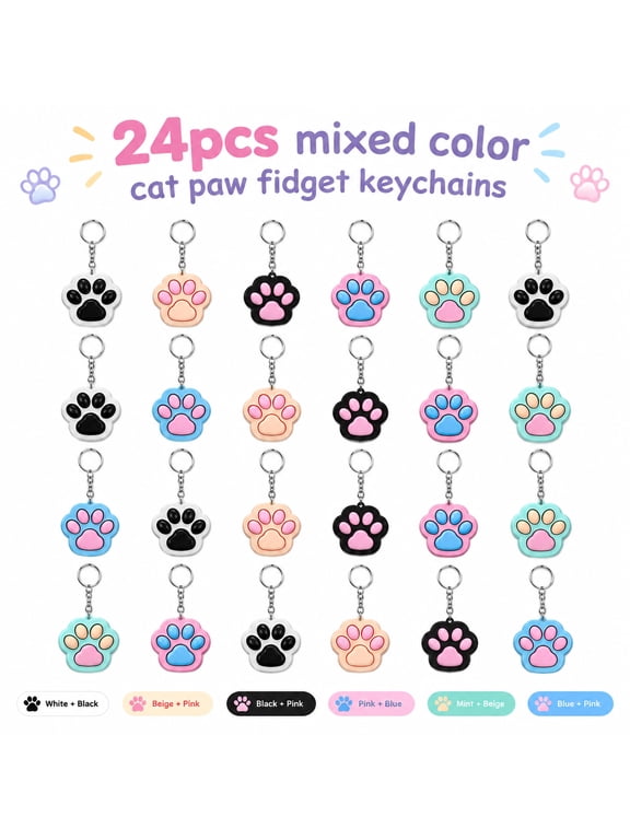 24Pcs Cat Paw Fidget Keychains, Multi Color Clicker Paw Key Ring, Cute Bag Charm Accessory, Stress Relief Sensory Toy for Pet Lovers, Party Favors, Gift Bag Fillers