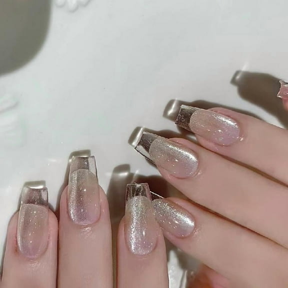24Pcs Cats Eye Press on Nail Clear Glass Coffin Acrylic Fake Nail Stick on Nail