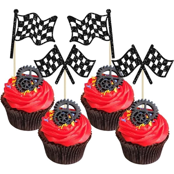Cars Racing Food 24Pcs Checkered Racing Flag Toothpicks Glitter Cupcake Picks Toothpick ...