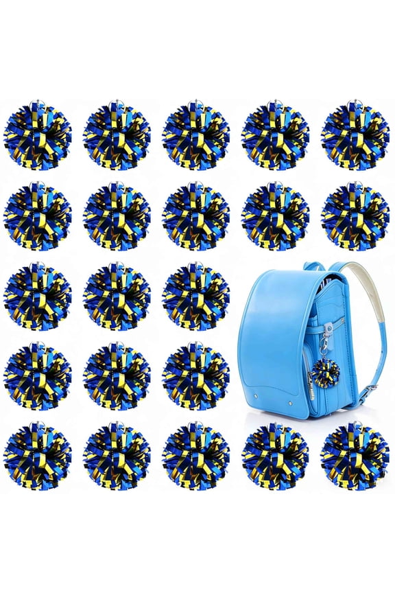 24Pcs Cheer Pom Pom Keychain, 3.93inch Cheering Keyring Charm Foil Keychain Cheerleader Gift Plastic Pom Cheer Camp Gift(Blue Gold)
