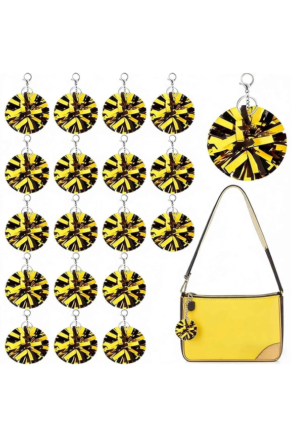 24Pcs Cheer Pom Pom Keychain Cheerleader Gifts Cheerleading Keyring Charm Foil with Keychain Hooks for Women Accessories, Black Gold