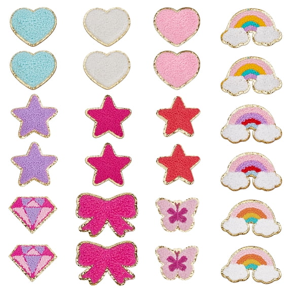 24Pcs Chenille Cloth Appliques Patches 12Styles Heart Star Self Adhesive Cloth Patches Butterfly Embroidery Sew on Appliques Bowknot