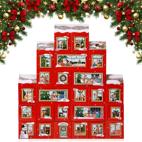 Naler 24Pcs Christmas Advent Calendar Boxes to Fill, Paper House Shaped Gift Boxes with 1-24 Number Tags Countdown to Christmas, Christmas Treat Boxes for Xmas Decoration Party Favors