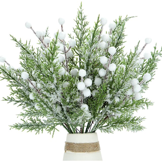 24Pcs Christmas Artificial Faux Cedar Branches and Holly Berries Set