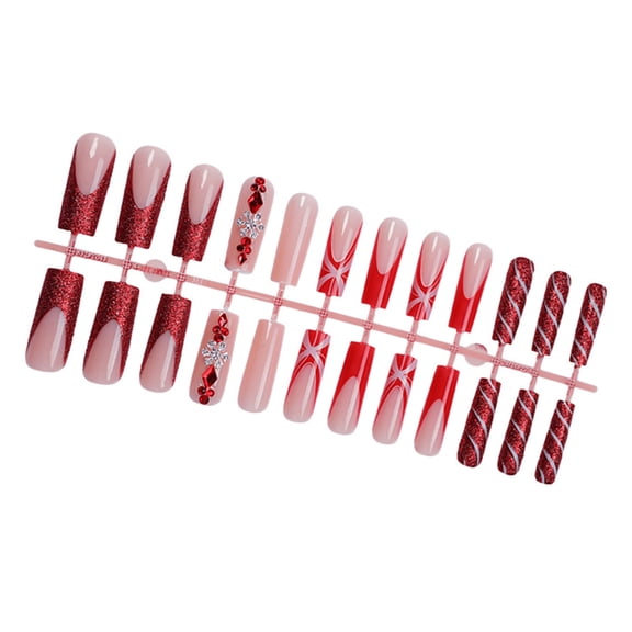24Pcs Christmas False Nails French Tip On Nails Long Square Glossy for Winter Festive Decorations
