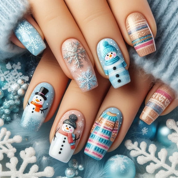 24Pcs Christmas Long Press on Nails Square Fake Nails Winter False Nails Charm Glue on Nails French Tip Acrylic Nails Reusable Stick on Nails