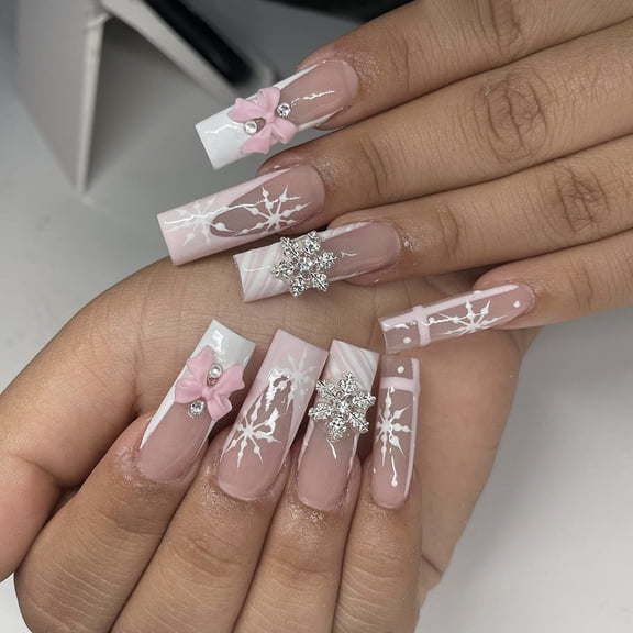 24Pcs Christmas Long Press on Nails Square Fake Nails Winter False Nails Charm Glue on Nails French Tip Acrylic Nails Reusable Stick on Nails