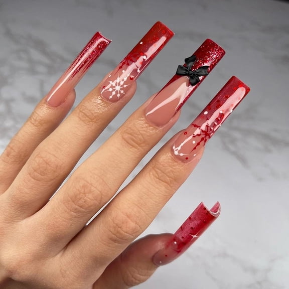 24Pcs Christmas Long Press on Nails Square Fake Nails Winter False Nails Charm Glue on Nails French Tip Acrylic Nails Reusable Stick on Nails
