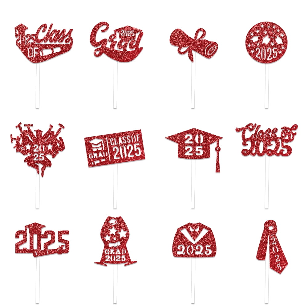24Pcs Class of 2025 Cupcake Toppers, Graduation Party Decorations, 2025 Grad Cupcake Toppers, Graduation Party Supplies (Red)