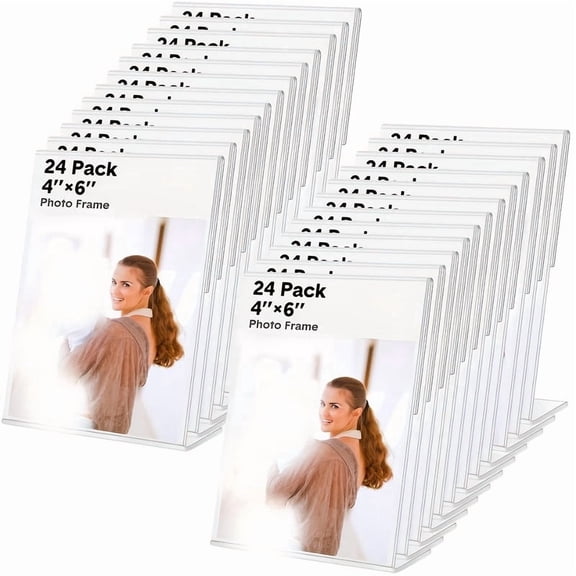 24Pcs Clear Acrylic Self-Standing Slanted Back 4x6 Photo Frames, 4x6 Acrylic Picture Frame with Protective Film, Standing Picture Frames for Card Display, Suitable for Office Home Shop Restaurant