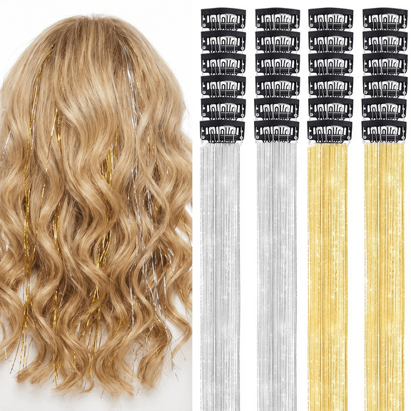 24Pcs Clip in Hair Tinsel Extensions, 20 Inch Heat Resistant Sparkly Hair for Festival Rave Party Halloween Christmas, Champagne Gold & Silver