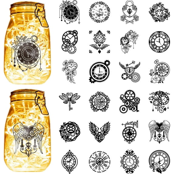 24Pcs Clock Silhouettes Mason Jar Decor Cut Cardboard Wings Scrapbook Cutouts Die Cuts Embellishments PVC for Crafting Lantern Jars Wall Painting Window Glass Phones-No Sticker