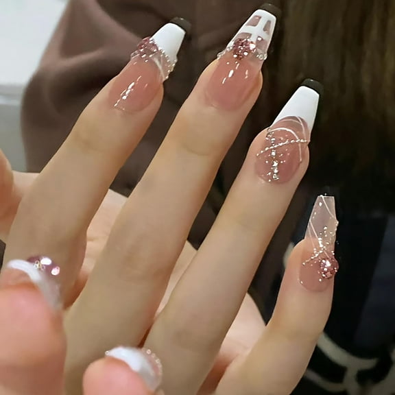 24Pcs Coffin Press on Nails Long Fake Nails With Heart Rhinestones Designs White French Tip False Nails Full Cover Stick on Nails Acrylic Clear Artificial Nails for Women Girls 24Pcs Heart
