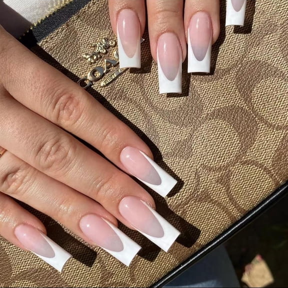 24Pcs Coffin Press on Nails Long Nude Ballerina Fake Nails French Tips False Nails Full Cover Manicure Design Acrylic Nails White Nail Tips Natural Reusable Glue on Nails for Women Girls Nails