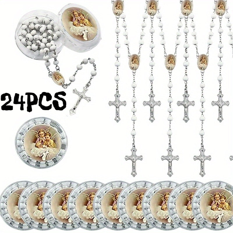 24Pcs Creative Wooden Rosary Necklaces with Box-Wooden Cross Rosary for Boys First Communion, First Communion Favors &Baptism Gifts, Religious Gifts, Rosarios Catolicos, Multi-Piece Party Favor Packs