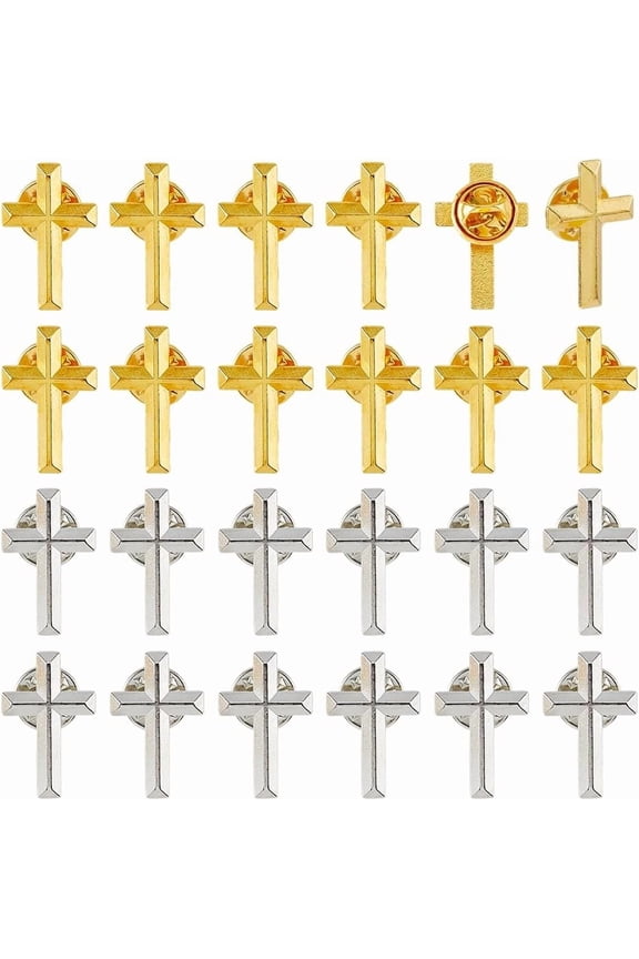 24Pcs Crosses Lapel Pins Gold and Silver Sacramental Brooch Bulk Cross Set with Safety Backpacks for Suit Uniform Hats Church Gifts for Communion Reception