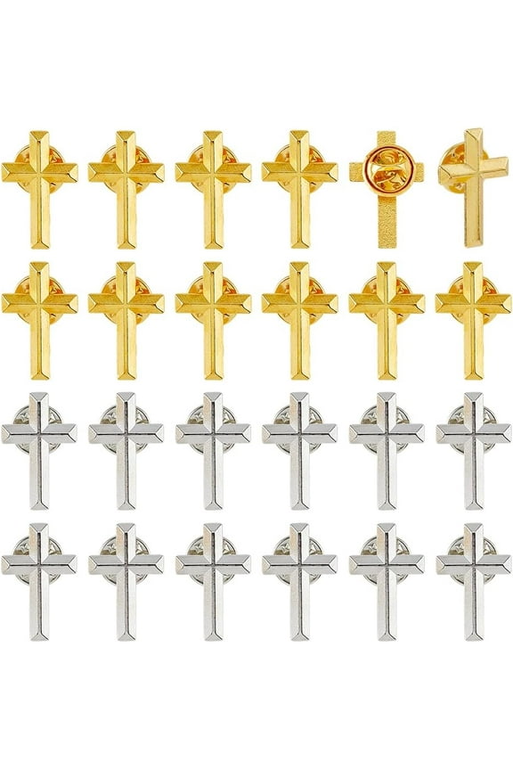 24Pcs Crosses Lapel Pins Gold and Silver Sacramental Brooch Bulk Set with Safety Backpacks for Suit Uniform Hats Church Gifts for Communion Reception
