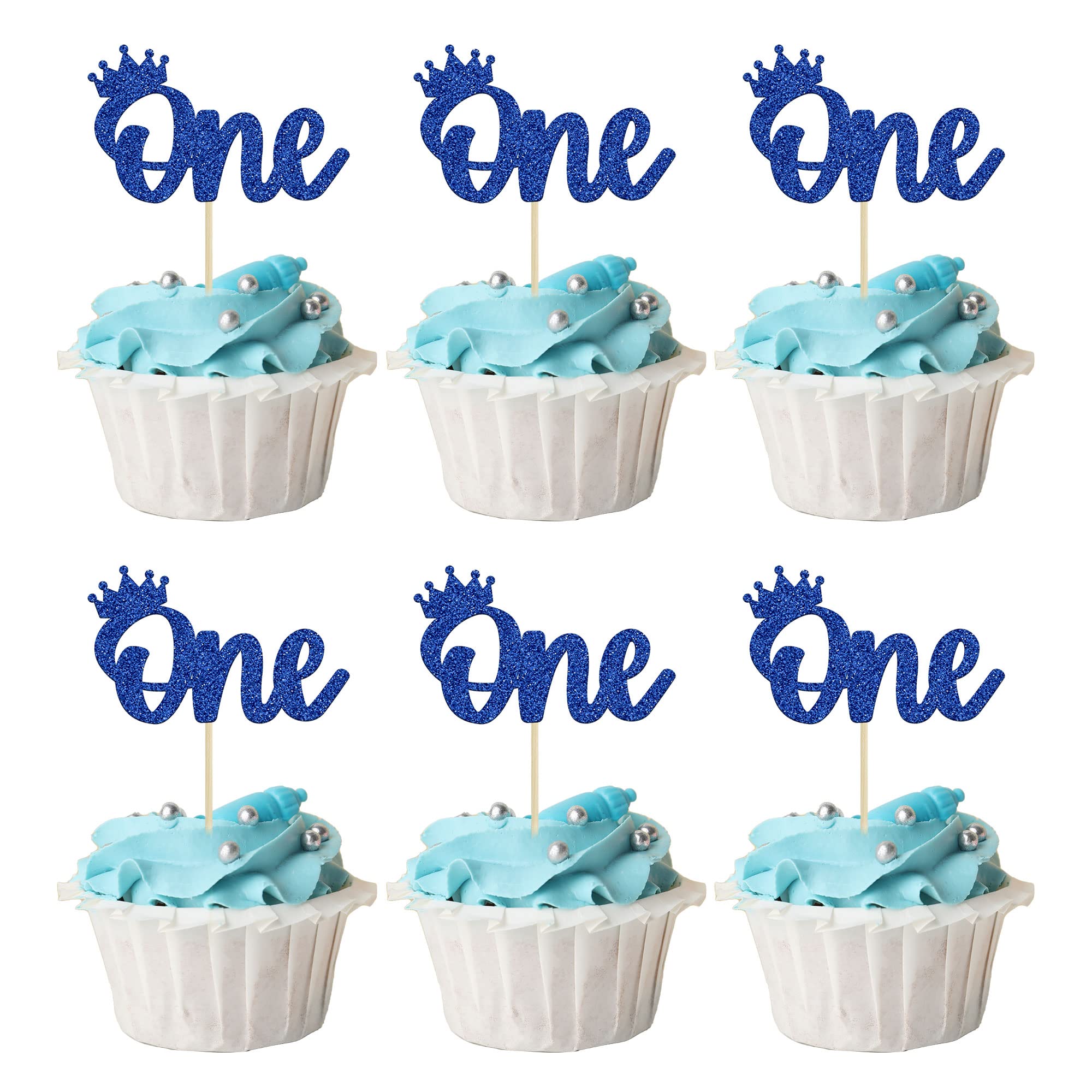 24Pcs Crown Cupcake Toppers Blue Glitter Crown One Cupcake Toppers ...