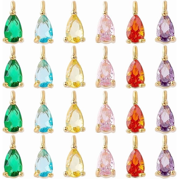 24Pcs Cubic Zirconia Teardrop Charm 6 Colors Brass Micro Pave CZ Teardrop Pendants Charms 3.5x7.5mm Tiny Water Drop Dangle Charms