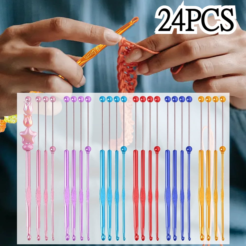 24Pcs DIY Beadable Crochet Hooks Beadable Knitting Needles Set Aluminum Handle for Beads DIY Gift for Women DIY Jewelry Making Supplies