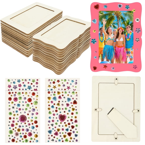 24Pcs DIY Wooden Picture Frame Kit with Stand Unfinished Wood Photo Frame Kit with Rhinestone Sticker for Beginner Present
