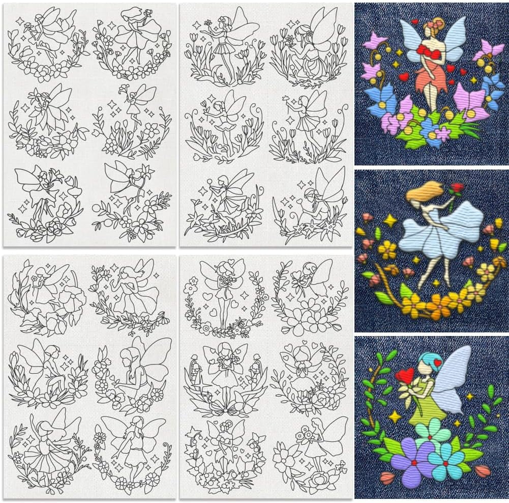 24Pcs Dancing Fairy with Flowers Embroidery Pattern Stabilizer 8.3