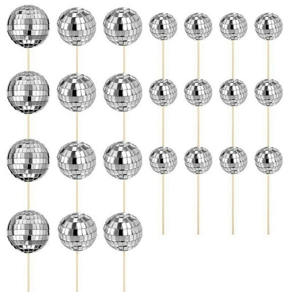 24Pcs Disco Ball Cupcake Toppers Happy Birthday Cake Topper