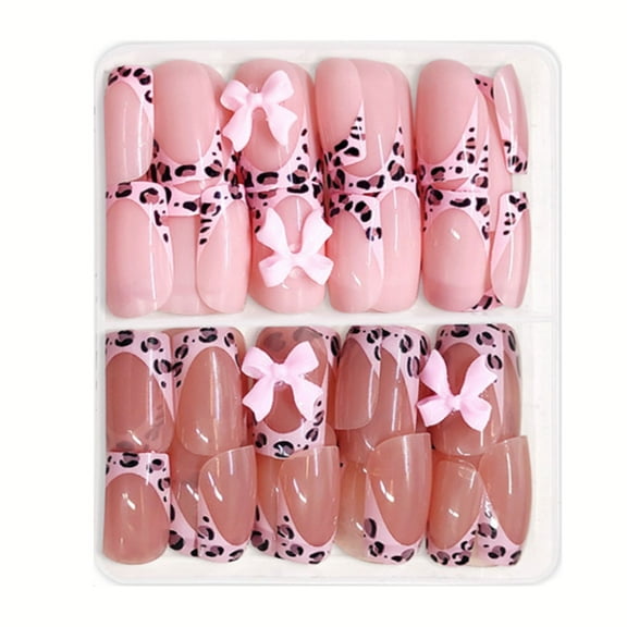 24Pcs Dots Print Short French Tip Square False Nails with Bows Glossy Glues On Nails for Women