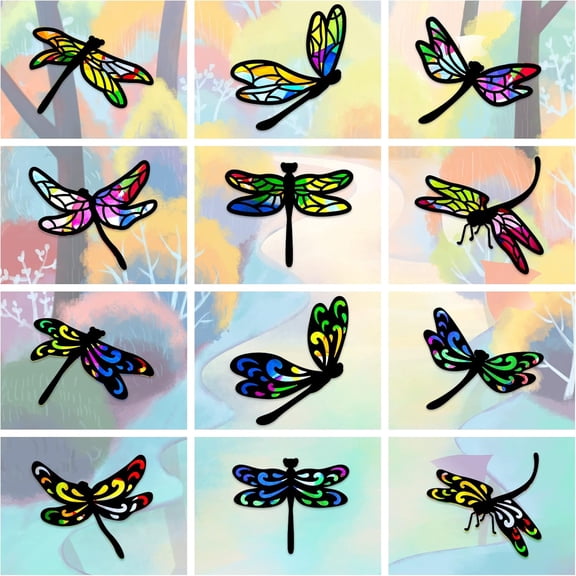 24Pcs Dragonfly Stained Glass Effect Paper Suncatchers Window Clings with Colored Paper Window Decals Window Paint Art Stickers for Crafts Home and Shop Window Holiday Decoration Black DIY