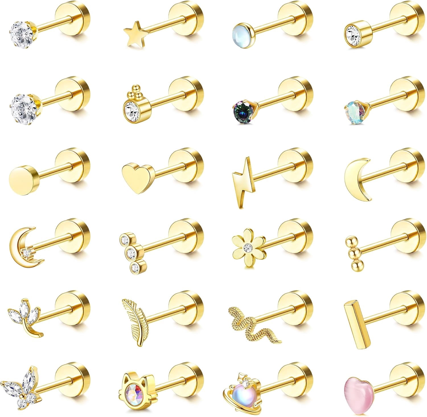 24Pcs Earrings Helix Earrings Women Surgical Steel Earrings Piercing Earrings Conch Cartilage Earrings Silver Gold Tragus Helix Piercing Flat Fine Back Stud for Stainless Set Screw Back Set[j239]