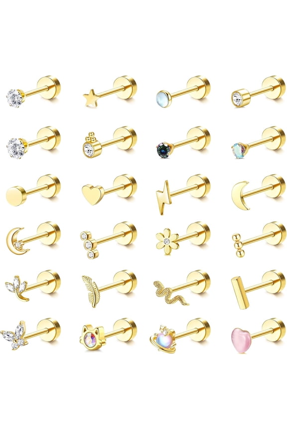 24Pcs Earrings Helix Earrings Women Surgical Steel Earrings Piercing Earrings Conch Cartilage Earrings Silver Gold Tragus Helix Piercing Flat Fine Back Stud for Stainless Set Screw Back Set[j239]