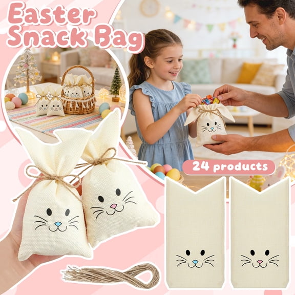 24Pcs Easter Bunny Candy Gift Bag, Reusable Cotton Fabric Party Bag with Cute Packaging, Easter Gifts, Easter Decorations for Home Room Table and Basket Stuffers