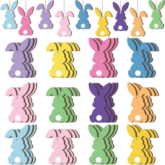 24Pcs Easter Bunny Tree Ornaments With 2D Design, Easter Wooden Hanging Decorations Rabbit Shape Cutouts, With String For Party Wall Tree Gift Decoration Embellishments