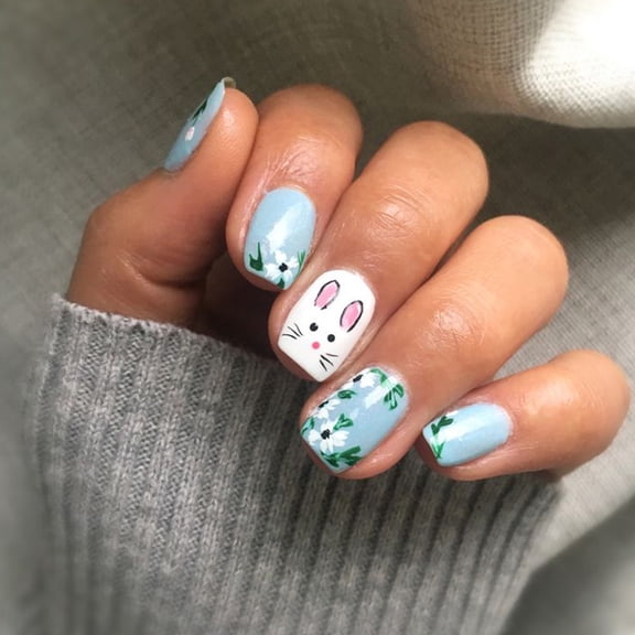 24Pcs Easter Short Square Designs With Rabbits And Multicolor Floral Detail Nails Decoration for Women