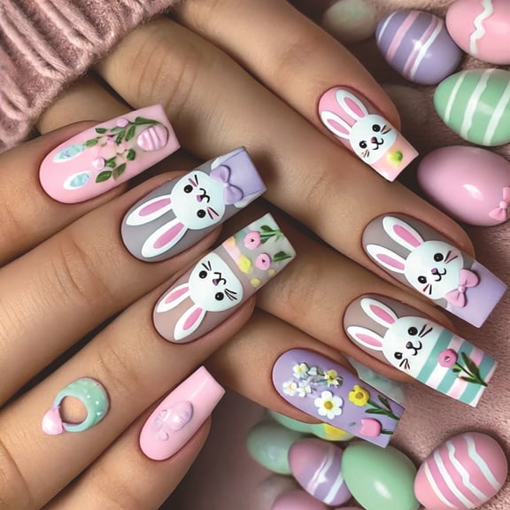 24Pcs Easter Short Square False Nails Rabbits False Nails Acrylic Nails Glossy on Fingernails