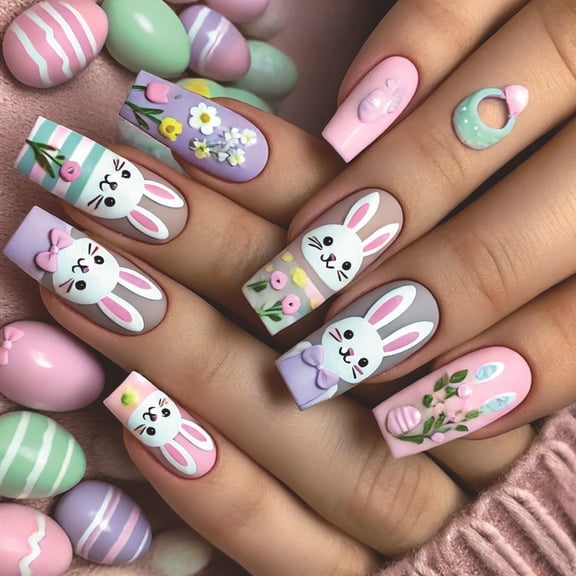 24Pcs Easter Square False Nails Full Covers Acrylic Nails on Nails Spring Flower Artificial Nails