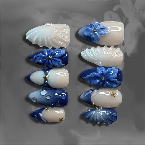 24Pcs Easy Application Presses On Nails Vintages Blue Lilies Bubble Stripe Pearls ABS Comfort Wear Daily