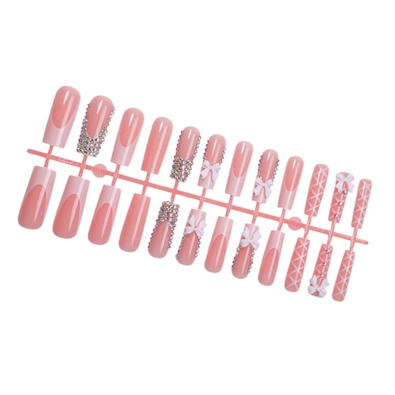 24Pcs Elegant Long Square Faux Nail with Cute 3D Bows and Rhinestones Designs Easy Application Press On Nail for Women