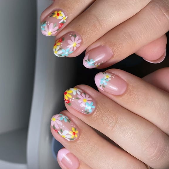 24Pcs Elegant Short Almond False Nails with French Tips and Flower Oval Acrylic Full Covers on Nails for Autumn