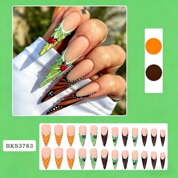 24Pcs Extra Long Stiletto Press On Nails, 3D Water Drop Ladybug Butterfly Nude French Fake Nails, European Ins Avant-Garde Reusable Removable Nail Tips For Party Festival Fashion Manicure Decor