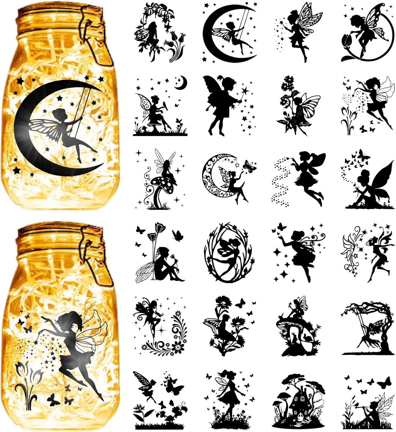 CREATCABIN 12pcs Fairy Tale Silhouettes Mason Jar Decor Angel Lantern Laser Cutouts Ornaments PVC Scrapbook Embellishment for Frosted Glass Wall Windows Car DIY Crafts Xmas Black 3.9x3.5 Inch (No