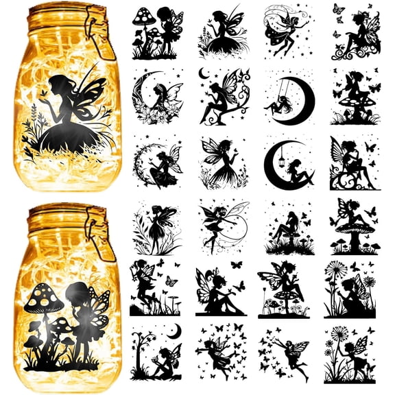 24Pcs Fairy Silhouettes Mason Jar Decor PVC Die Cut Silhouettes Angel Scrapbook Cardboard Silhouette Ornaments Christmas for Jars Lantern Frosted Window Glass Camping 3.5x3.6 Inch
