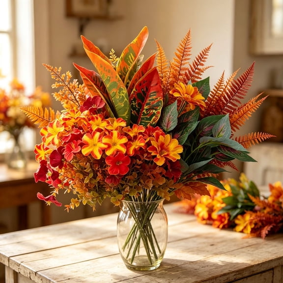 24Pcs Fall Artificial Foliage Picks 13.78 in Mixed Fake Leaves Trumpet Flower Fern Branches for Thanksgiving Vase Floral Decor Red Orange